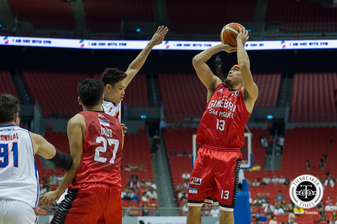 2018-PBA-Philippine-Cup-Ginebra-def-Magnolia-Mark-Caguioa-shooting Mark Caguioa pays tribute to buddy Jayjay Helterbrand, knocks down 700th triple Basketball News PBA - philippine sports news