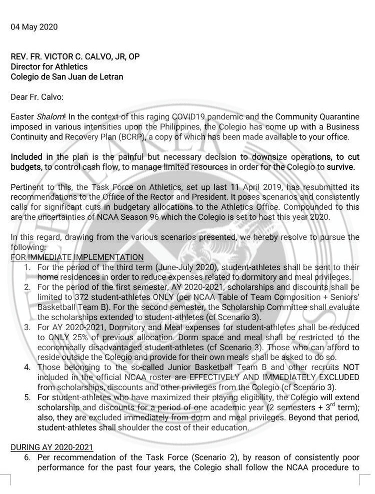 NCAA-Season-96-Letran Letran to downsize athletics operations, withdraw in nine NCAA events -- including volleyball CSJL NCAA News Swimming Taekwondo Track & Field Volleyball - philippine sports news