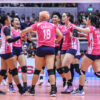 Creamline celebrates in game versus Choco Mucho