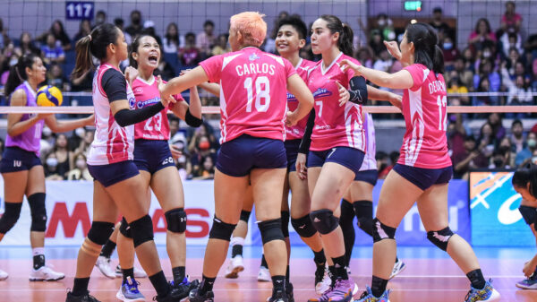 Creamline celebrates in game versus Choco Mucho