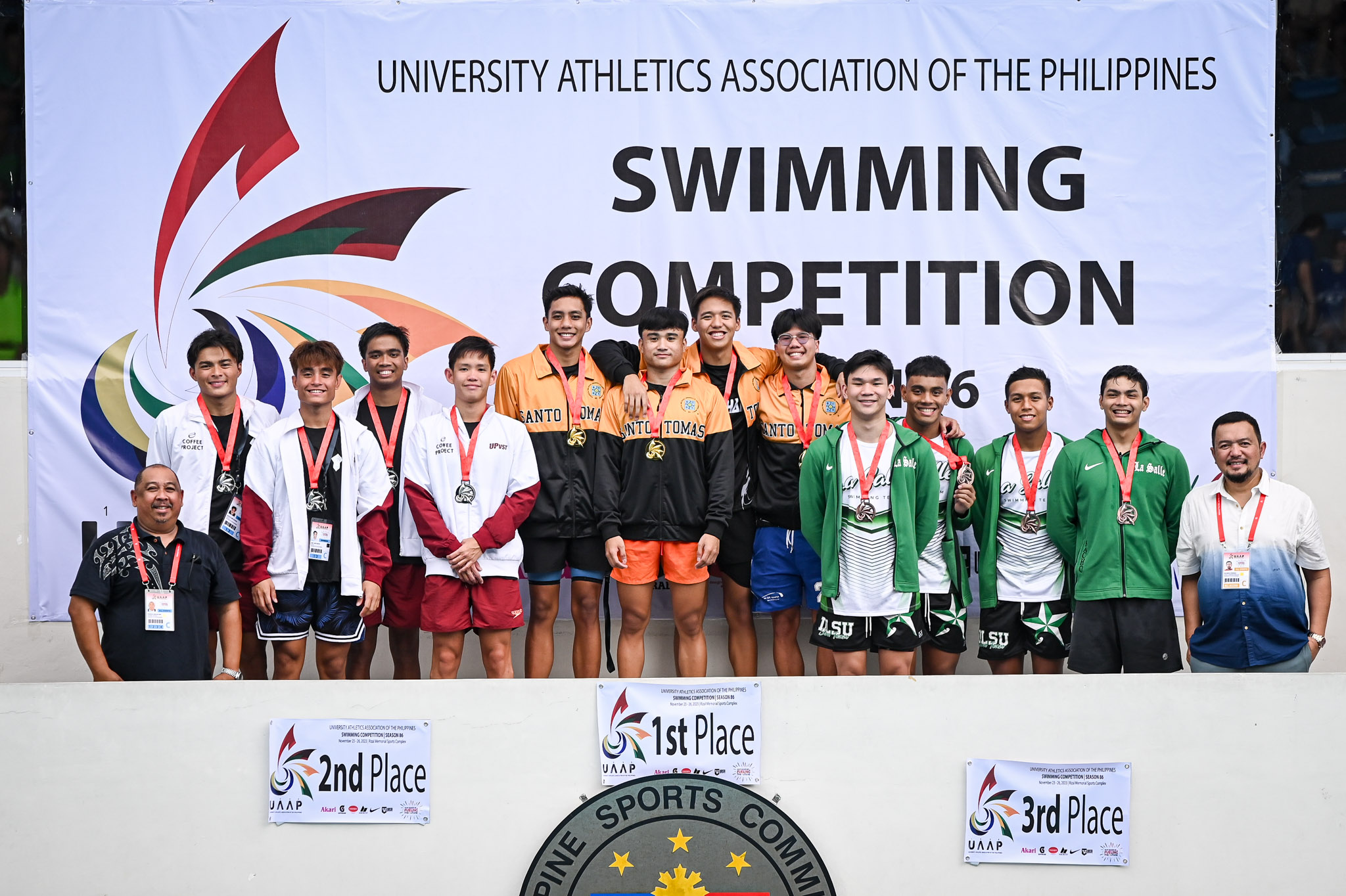 UAAP86-SWIMMING-MEN-200-LC-MEDLEY-RELAY-L-R-UP-DELA-ROSA-SAYSON-BUNCIO-CHUA-UST-PADERES-LOTINO-MIRANDILLA-AGUILEN-DLSU-RAMOS-JAYME-ILUSTRE-TAN-7830 UAAP 86 Swimming: Rafael Barreto, Joaquin Santos give Ateneo dominant start ADMU DLSU News Swimming UAAP UP UST - philippine sports news