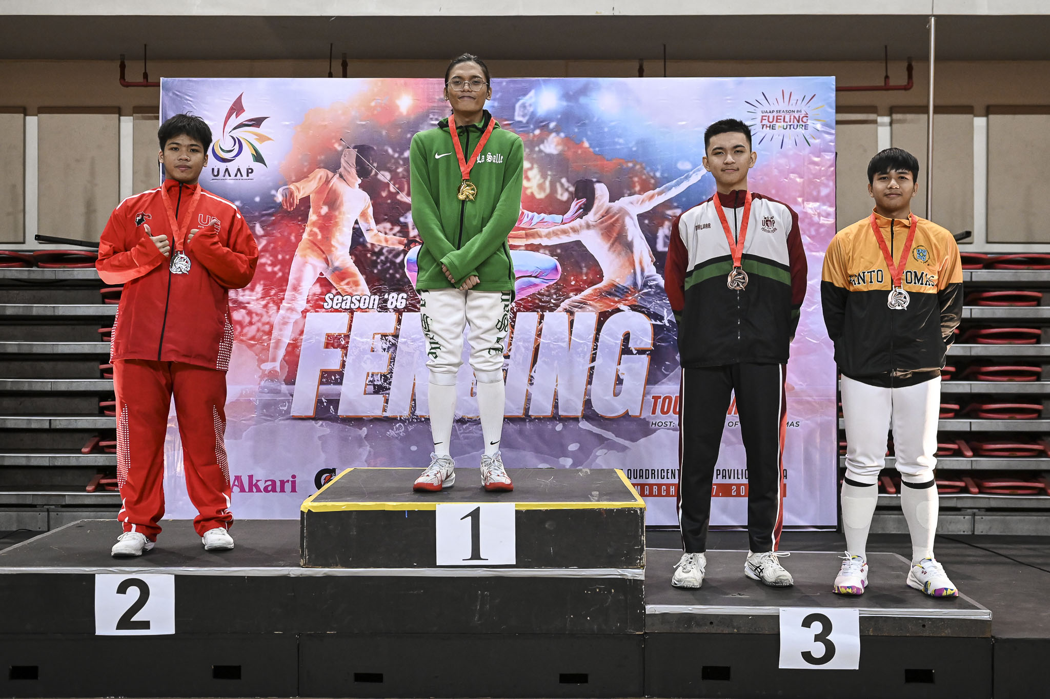 UAAP86-Fencing-Boys-Sabre-2-Aurell-Florence-Obzunar-UE-1-Edan-Yakov-Ensamtan-DLSU-3-Lorenzo-Miguel-Malvar-UP-Adam-Putian-UST-7747 UAAP 86 Fencing: Eunice Villanueva retains sabre title, puts UST in men's lead ADMU DLSU Fencing News UAAP UE UP UST - philippine sports news