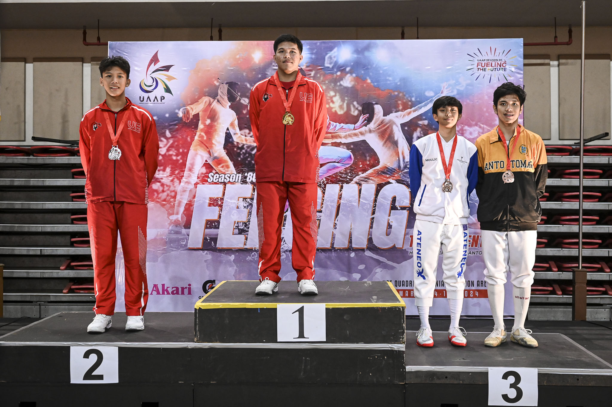 UAAP86-Fencing-Boys-Sabre-2-Khiane-Nash-Felipe-UE-1-Charles-Eduard-Babatio-UE-3-Mairon-Jeremiah-Moulic-AHS-Alberto-Gregorio-Arce-UST-7731 UAAP 86 Fencing: Eunice Villanueva retains sabre title, puts UST in men's lead ADMU DLSU Fencing News UAAP UE UP UST - philippine sports news