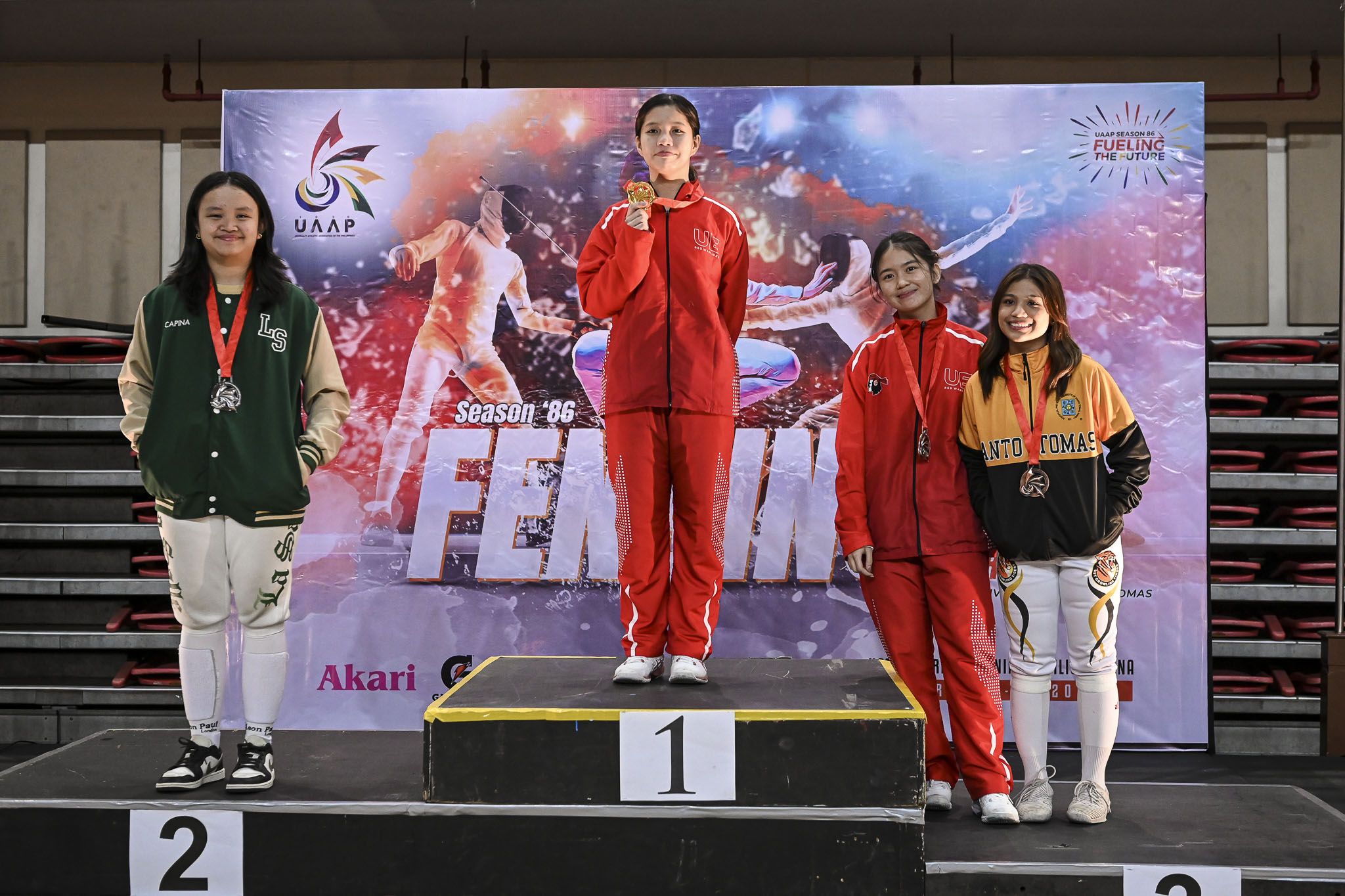 UAAP86-Fencing-Girls-Foil-2-Miyake-Capina-DLSZ-1-Sophia-Shekinah-Catantan-UE-3-Aubrey-Paulene-Fernandez-UE-Patricia-Daradar-UST-7692 UAAP 86 Fencing: Eunice Villanueva retains sabre title, puts UST in men's lead ADMU DLSU Fencing News UAAP UE UP UST - philippine sports news