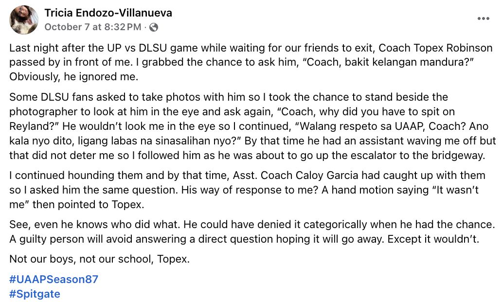 UAAP-87-UP-vs-DLSU-Tricia-Endozo-Villanueva Topex speaks out: Calls for end to false accusations after 'spitgate' controversy Basketball DLSU News UAAP - philippine sports news
