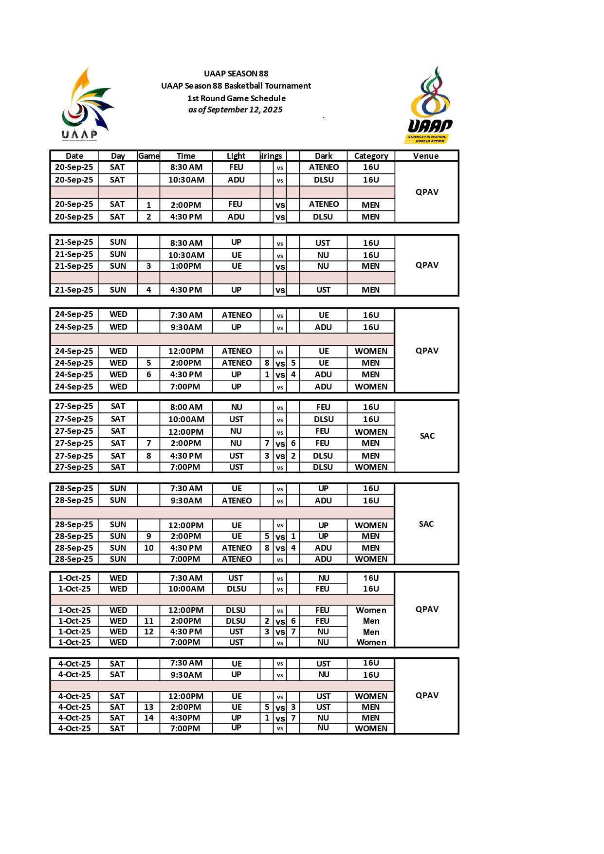 UAAP-Season-88-Basketball-Schedule-First-Round-1 UAAP Men's Basketball: UST vs La Salle on Sept. 27 at Araneta, Ateneo vs La Salle on Oct. 5 at MOA Arena ADMU AdU Basketball DLSU FEU News NU UAAP UE UP UST - philippine sports news