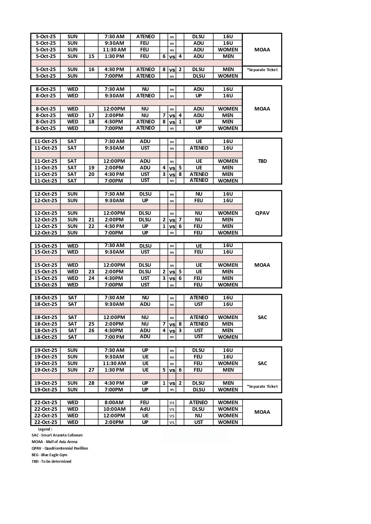 UAAP-Season-88-Basketball-Schedule-First-Round-2 UAAP Men's Basketball: UST vs La Salle on Sept. 27 at Araneta, Ateneo vs La Salle on Oct. 5 at MOA Arena ADMU AdU Basketball DLSU FEU News NU UAAP UE UP UST - philippine sports news