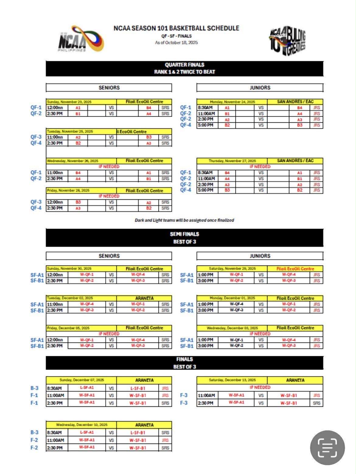 NCAA-101-Playoffs-Schedule-as-of-October-18 NCAA draws confusion after sudden shift in playoff pairings AU Basketball CSB CSJL EAC JRU LPU MIT NCAA News SBC SSC-R UPHSD - philippine sports news