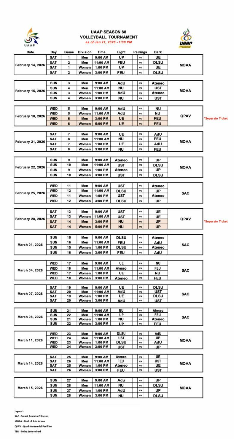 UAAP-Season-88-Collegiate-Volleyball-Round-1-schedule NU-UST, DLSU-FEU clash headline UAAP Collegiate Volleyball opening weekend ADMU AdU DLSU FEU News NU UAAP UE UP UST Volleyball - philippine sports news