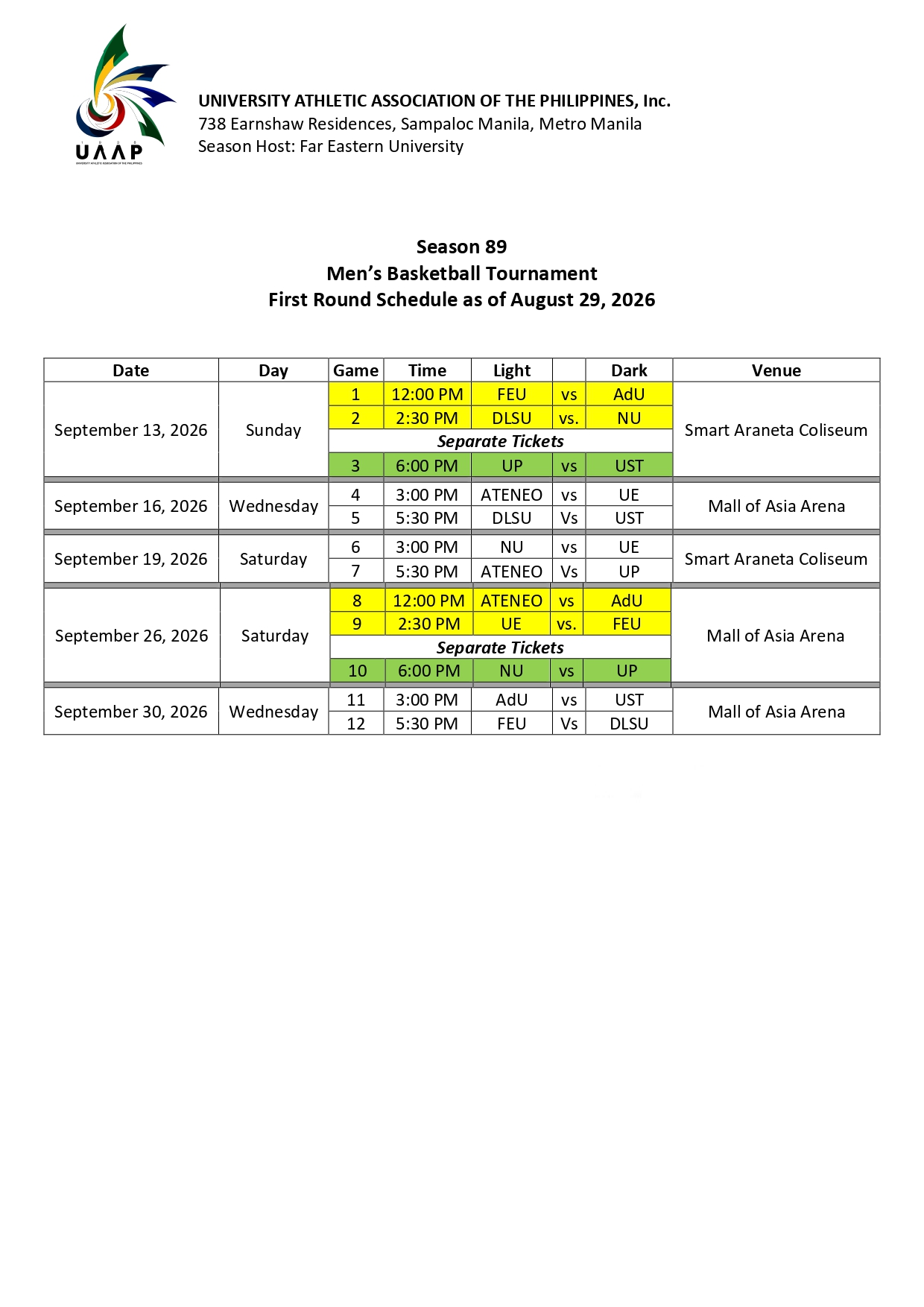 UAAP-Season-89-Mens-Basketball-Schedule-September UAAP trims September basketball schedule amid Asiad, 3x3 U23 Worlds 2026 Asian Games 3x3 Basketball ADMU AdU Basketball DLSU FEU Gilas Pilipinas News NU UAAP UE UP UST - philippine sports news